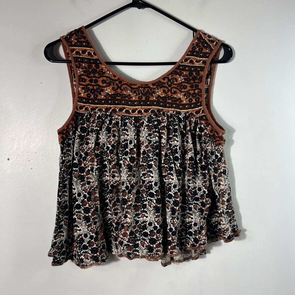 Free People Linen Blend Floral Tank Top Brown Black S Back Cut Out Detail